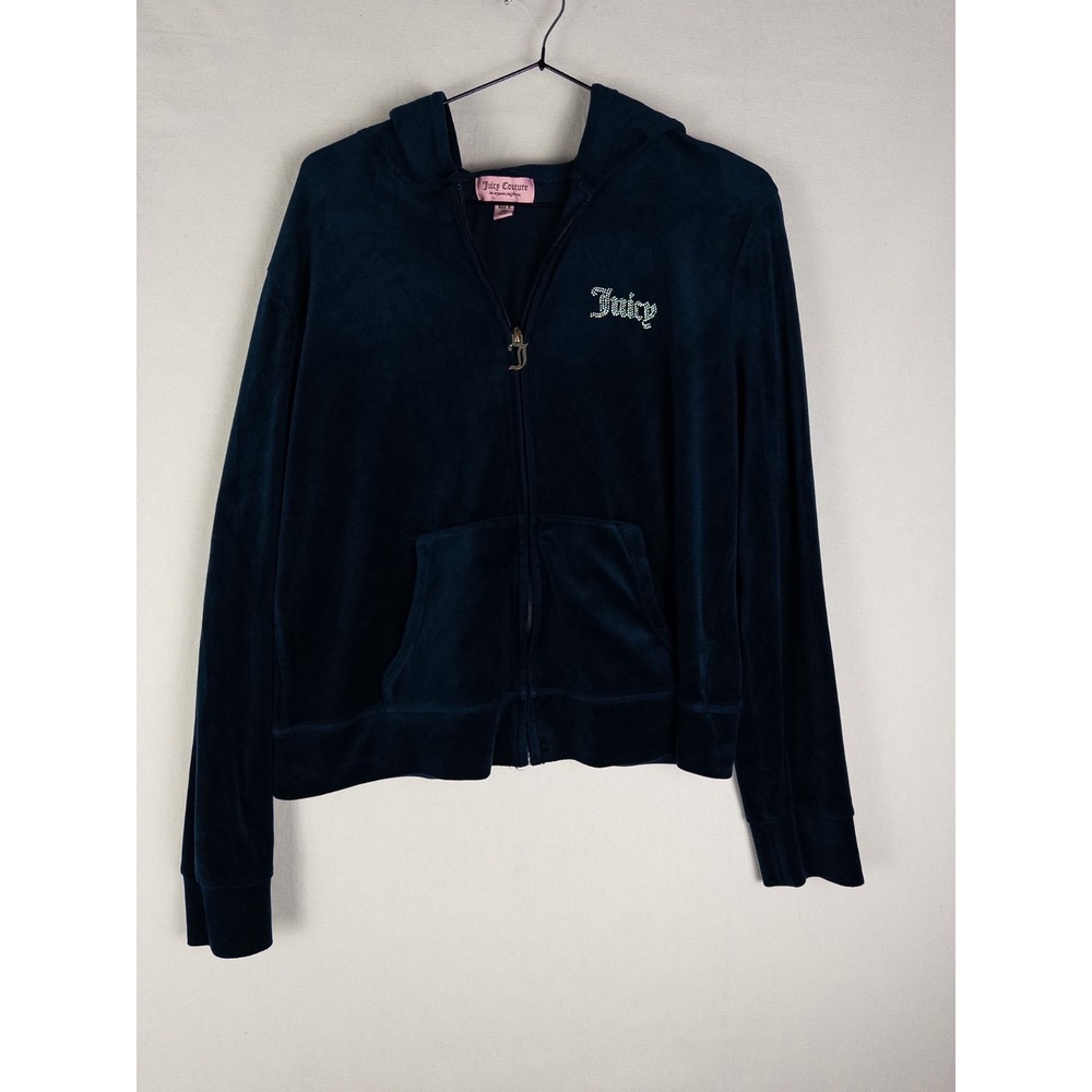 Y2K Juicy Couture Velour Hoodie Womens XL Blue Velvet Full Zip Track Spellout